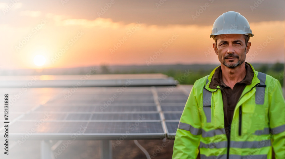 A professional male green energy engineer stands next to a solar panel A professional male green energy engineer stands next to a solar panel