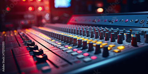 close up of the sound board inside a recording studio, Equalizer of mixing console,  photo