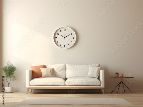 Living room with furniture and big wall clock