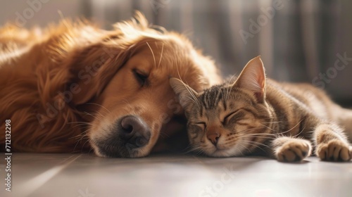Cat and dog lying together on the floor