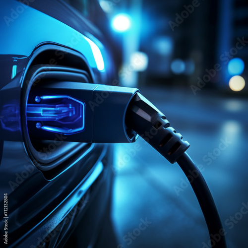 fotografia con detalle de cargador de coche electrico con  iluminacion de tonos azules