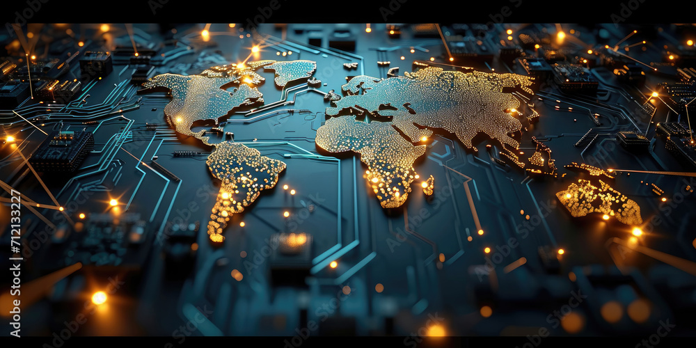 Fototapeta premium This close-up image shows a detailed world map on a computer board. Suitable for technology, global communication, online connectivity, digital networking, international business, and virtual travel c