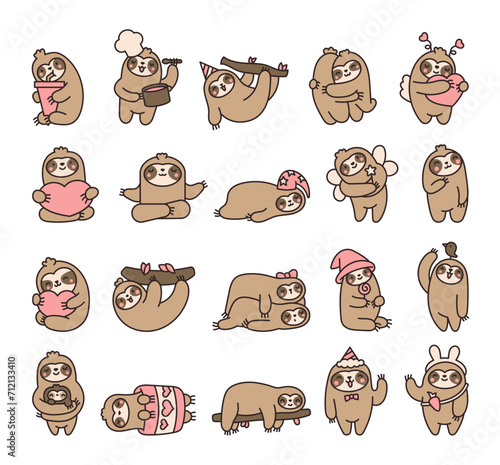 Cute kawaii sloth character. Cartoon funny wild animal. Hand drawn style. Vector drawing. Collection of design elements.