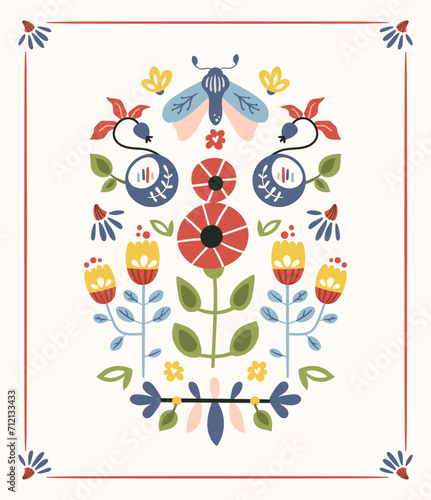 Folk hygge ready to use vector print in Scandinavian style  folkloric isolated design on white. Composition with classic ethnic elements. Scandi motifs - mirror reflected moth  leaves  flowers