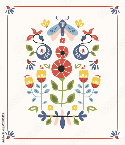 Folk hygge ready to use vector print in Scandinavian style, folkloric isolated design on white. Composition with classic ethnic elements. Scandi motifs - mirror reflected moth, leaves, flowers