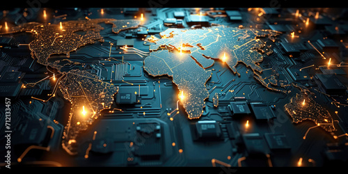 This close-up image shows a detailed world map on a computer board. Suitable for technology, global communication, online connectivity, digital networking, international business, and virtual travel c
