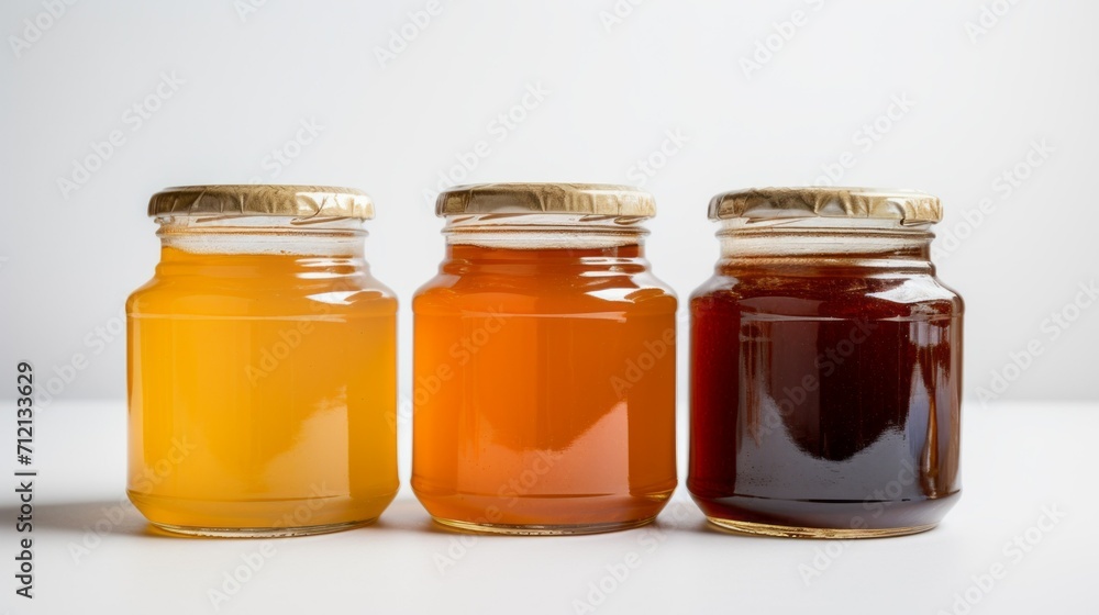 Close-up of three glass jars with different varieties of honey on a white background. Beekeeping product, sweet food, dessert concepts. Close-up of three glass jars with different varieties of honey on a white background. Beekeeping product, sweet food, dessert concepts.