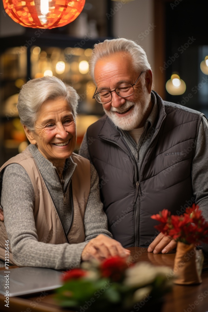 Older couple using a computer to manage their online banking and pay bills, Generative AI