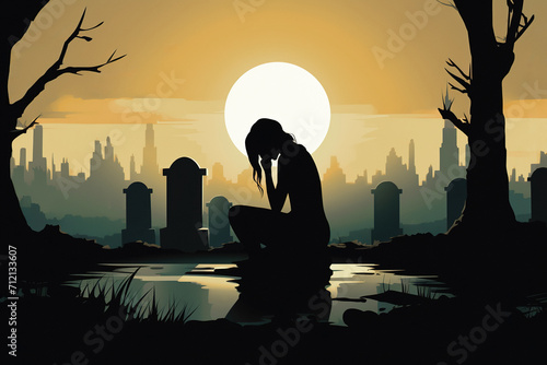 Illustration of unrecognizable sad female silhouette crying and suffering by death of her partner sitting near to a graveyard with tombstones. Concept of mourning and loss due to death loved one.