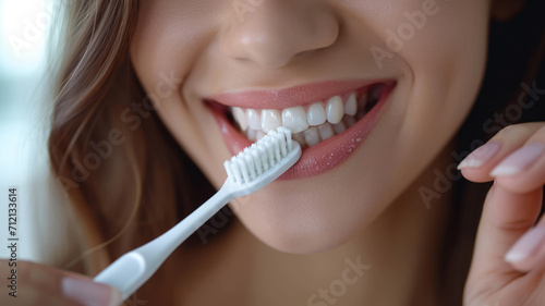beautiful mouth of woman with hand holding brush brushing  young woman brushing her teeth with a toothbrush isolated on white background.generative ai