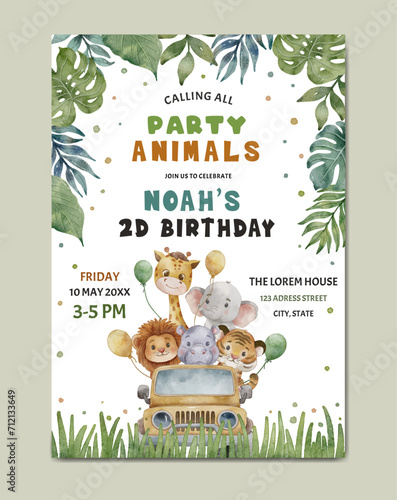Birthday invitation safari theme watercolor template background © Yuni