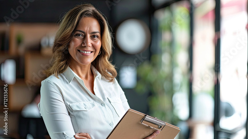 Middle age hispanic woman smiling confident holding clipboard at office