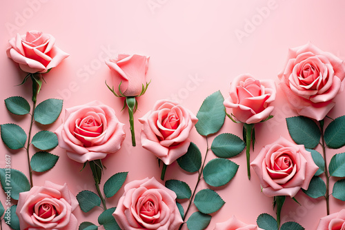  pink roses on pink background with copy space, valentines day