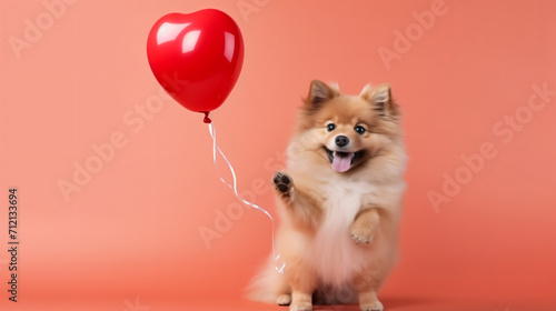 Cute couple dog holding heart balloon on isolated pastel pink background