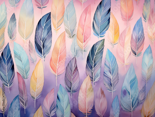 abstract background with feathers in pastel watercolor illustration wallpaper, colorful painting pattern backdrop