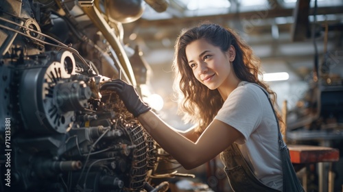 Portrait of a happy and confident female aerospace engineer works on an aircraft engine with expertise in technology and electronics in the aviation industry
