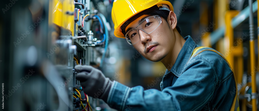 asian man commercial electrician with staff at work on a fuse box in factory, adorned in safety gear,generative ai asian man commercial electrician with staff at work on a fuse box in factory, adorned in safety gear,generative ai