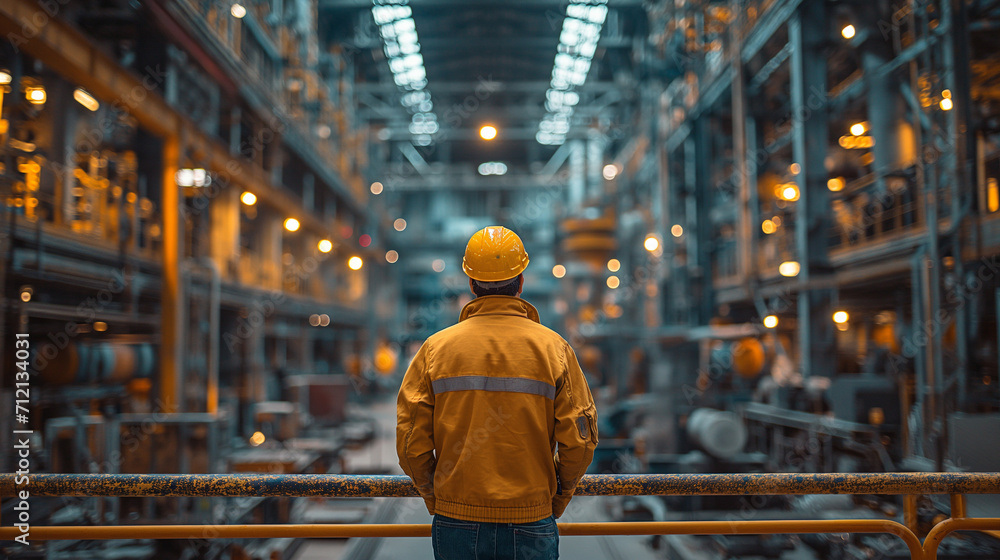 Engineer supervisor stands contemplatively with a hard hat, overseeing the busy operations of a bustling industrial facility. Engineer supervisor stands contemplatively with a hard hat, overseeing the busy operations of a bustling industrial facility.