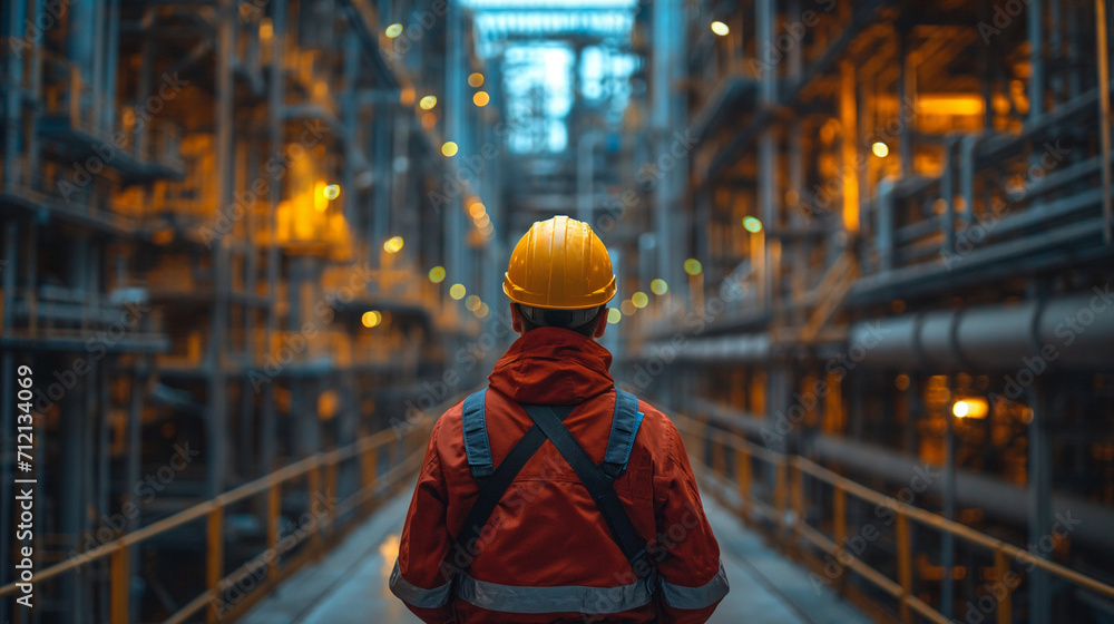 Engineer supervisor stands contemplatively with a hard hat, overseeing the busy operations of a bustling industrial facility.