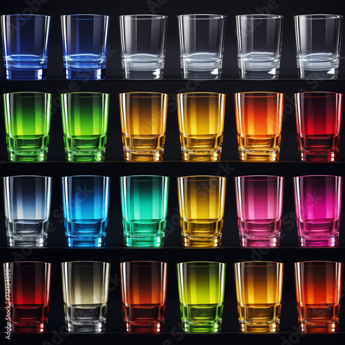 Fondo con detalle y textura de multitud de vasos de cristal de diferentes colores, sobre fondo negro