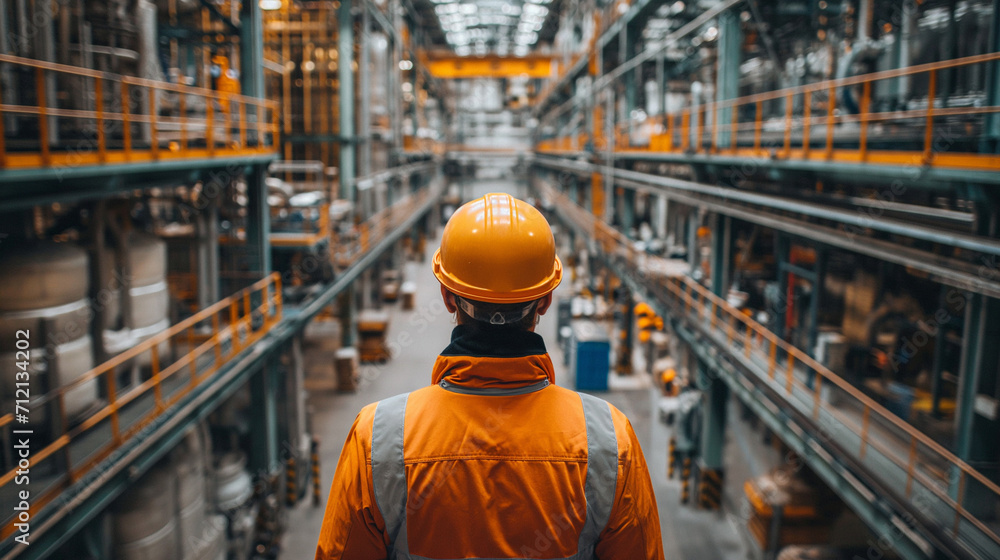 Engineer supervisor stands contemplatively with a hard hat, overseeing the busy operations of a bustling industrial facility. Engineer supervisor stands contemplatively with a hard hat, overseeing the busy operations of a bustling industrial facility.