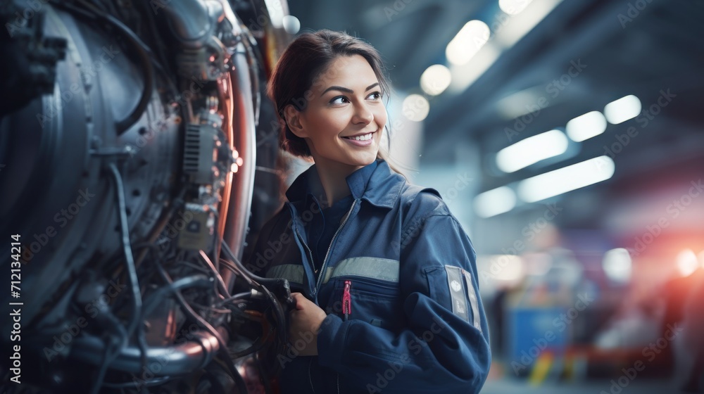 Portrait of a happy and confident female aerospace engineer works on an aircraft engine with expertise in technology and electronics in the aviation industry Portrait of a happy and confident female aerospace engineer works on an aircraft engine with expertise in technology and electronics in the aviation industry