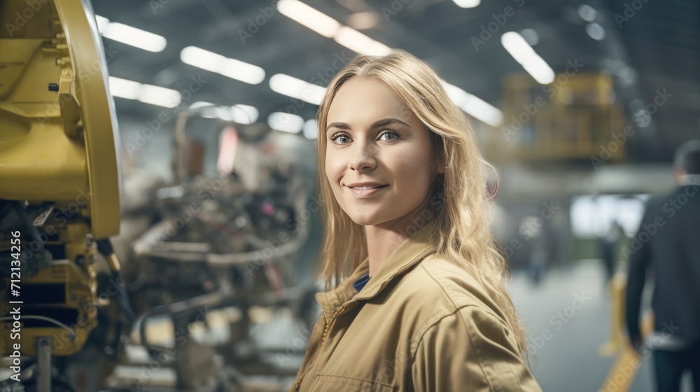 Fototapeta premium Portrait of a happy and confident female aerospace engineer works on an aircraft engine with expertise in technology and electronics in the aviation industry