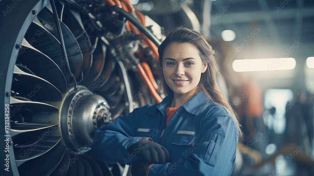 Portrait of a happy and confident female aerospace engineer works on an aircraft engine with expertise in technology and electronics in the aviation industry Portrait of a happy and confident female aerospace engineer works on an aircraft engine with expertise in technology and electronics in the aviation industry