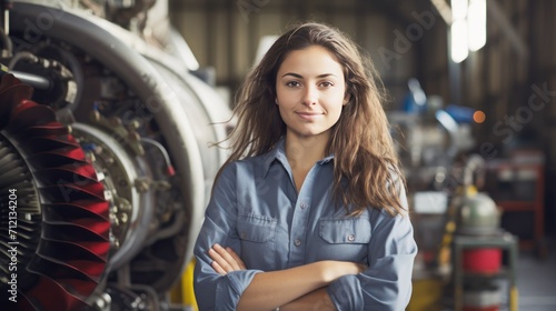 Portrait of a happy and confident female aerospace engineer works on an aircraft engine with expertise in technology and electronics in the aviation industry