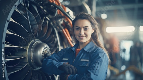 Portrait of a happy and confident female aerospace engineer works on an aircraft engine with expertise in technology and electronics in the aviation industry
