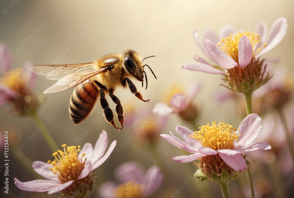 Honey bee flying over the flowers. AI generated Honey bee flying over the flowers. AI generated