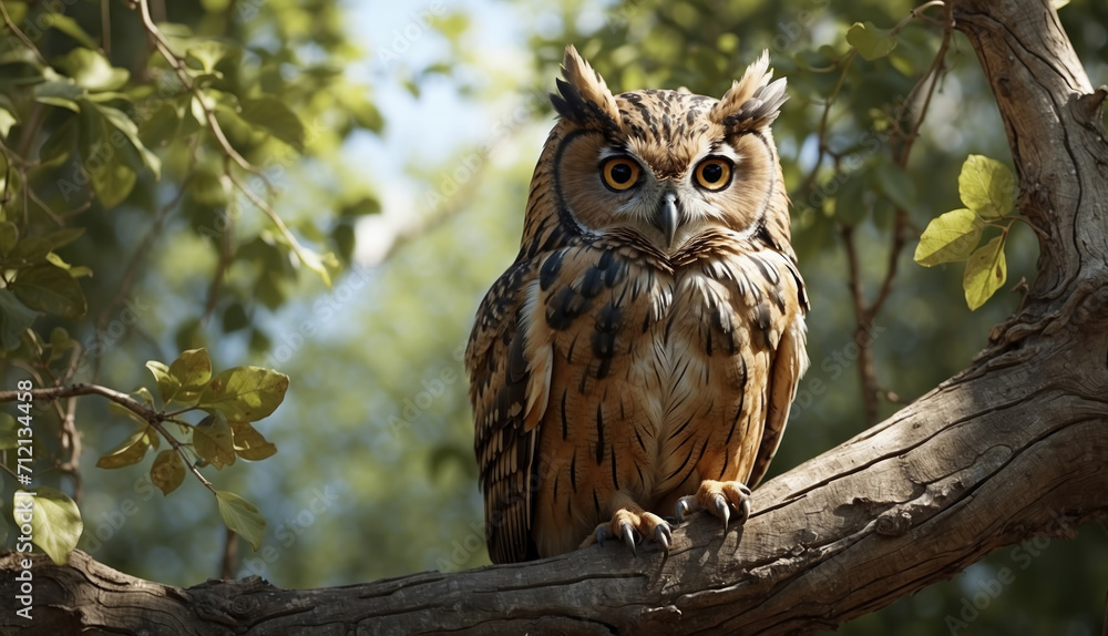 Owl in the tree branch summer time. AI generated Owl in the tree branch summer time. AI generated