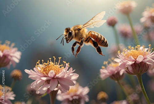 Honey bee flying over the flowers. AI generated © Mystery