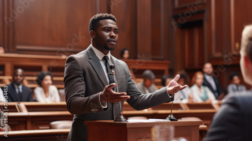 Court of Justice and Law Trial: Male Public Defender Presenting Case, Making Passionate Speech to Judge, Jury. African American Attorney Lawyer Protecting Client's Innocents with Supporting Argument. photo
