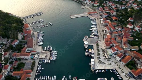 Aerial view of Jelsa Town with harbour area at the coastline of the island Hvar in Croatia, Europe