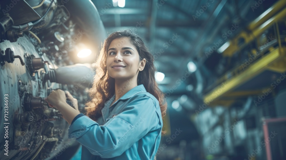 Portrait of a happy and confident female aerospace engineer works on an aircraft engine with expertise in technology and electronics in the aviation industry Portrait of a happy and confident female aerospace engineer works on an aircraft engine with expertise in technology and electronics in the aviation industry