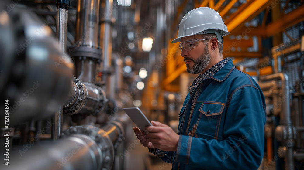 Industrial engineer man in a hard hat using a digital tablet to monitor and analyze machinery at a manufacturing plant. Industrial engineer man in a hard hat using a digital tablet to monitor and analyze machinery at a manufacturing plant.