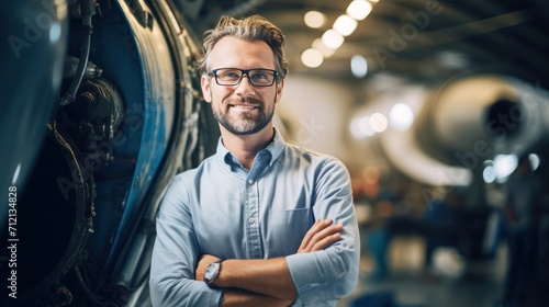 Portrait of a happy and confident male aerospace engineer works in the aviation industry with his expertise in technology and electronics