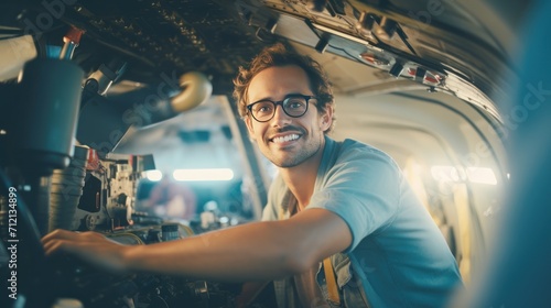 Portrait of a happy and confident male aerospace engineer works on an aircraft engine with expertise in technology and electronics in the aviation industry