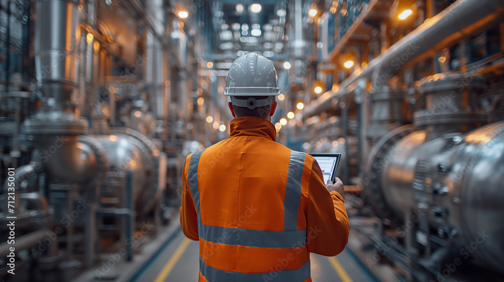 Industrial engineer man in a hard hat using a digital tablet to monitor and analyze machinery at a manufacturing plant. Industrial engineer man in a hard hat using a digital tablet to monitor and analyze machinery at a manufacturing plant.