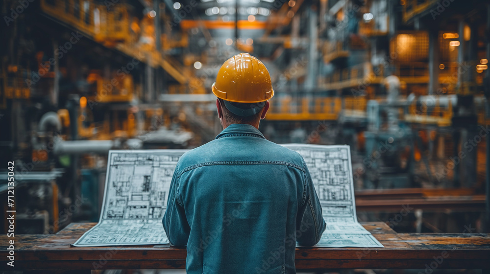 Professional engineer with a safety helmet intently checking complex blueprints at an industrial manufacturing plant. - obrazy, fototapety, plakaty 