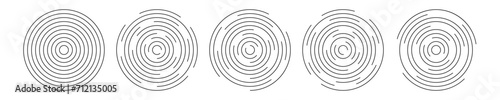 Set of circular ripple icons. Concentric circles with broken lines isolated on white background. Whirlpool, swirl, vortex, sonar wave, soundwave, sunburst, signal signs