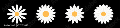 Four chamomile icon. White daisy camomile set line. . Cute round flower head plant collection. Love card symbol. Growing concept. Nature style. Flat design. Isolated. Black background.