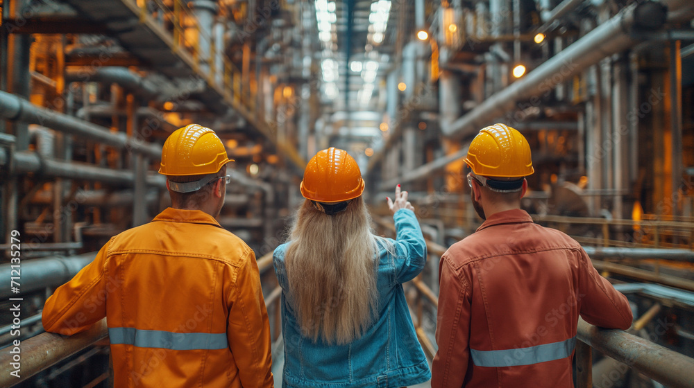 Group of engineer stands contemplatively with a hard hat, overseeing the busy operations of a bustling industrial facility. Group of engineer stands contemplatively with a hard hat, overseeing the busy operations of a bustling industrial facility.