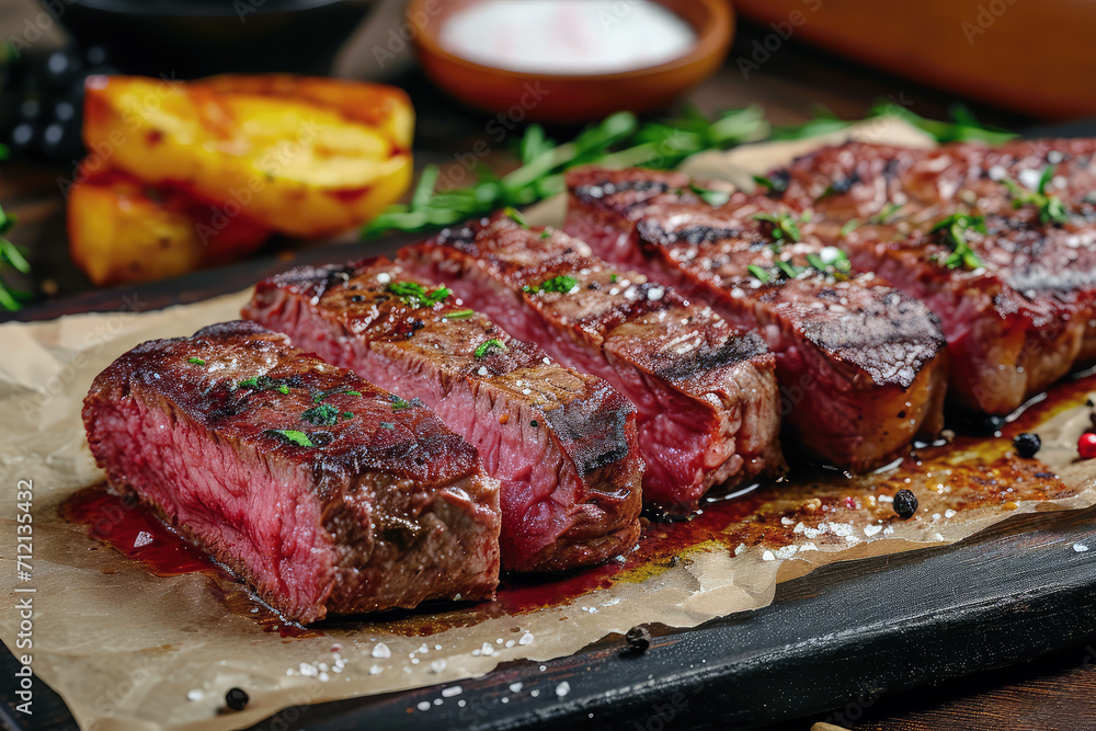 Juicy and Flavorful Close-up of a Medium-Cooked Steak Juicy and Flavorful Close-up of a Medium-Cooked Steak