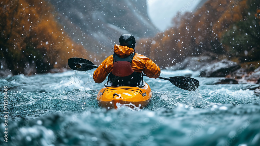 Fototapeta premium kayaker with whitewater kayaking, down a white water rapid river in the mountains, beautiful landscape background,henerative ai