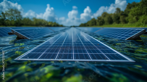 Solar panels floating among vibrant green aquatic plants on a peaceful lake. photo
