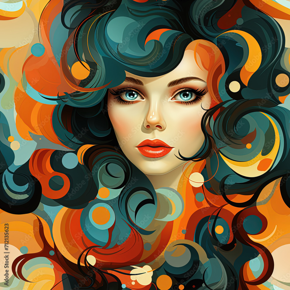 seamless pattern retro painting of of model with blue eyes and red lip stick on swirls   Drawing illustration for fabric, print,decoration, banner, and wallpaper.
