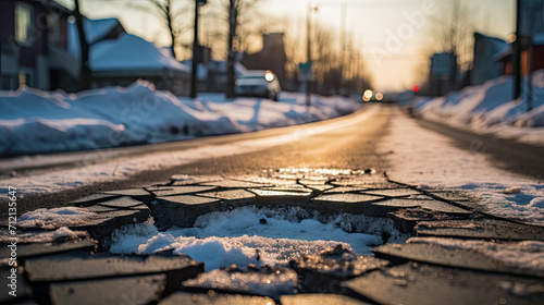 snow on the road covered with cracks , potholes in the middle of the road at winter