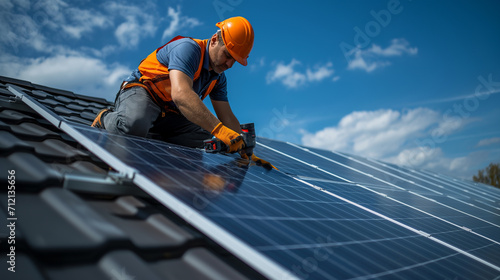 Professional technician in safety gear meticulously installs modern solar panels on a residential rooftop under a clear blue sky. photo